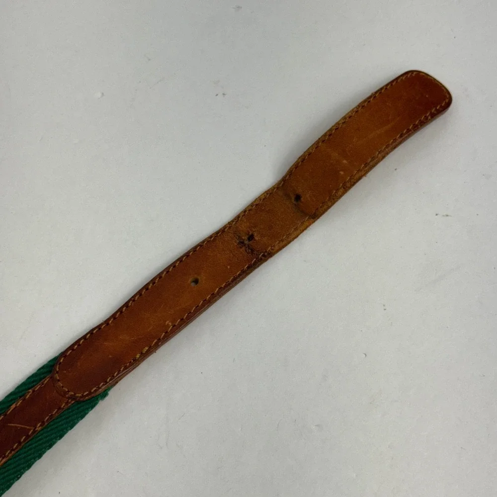 Christian Dior Vintage Mens Belt Green Canvas Tan Leather Spain 30 34 85 218923